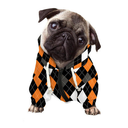 Orange Black Grey And White Argyle Print Dog Zip Up Hoodie