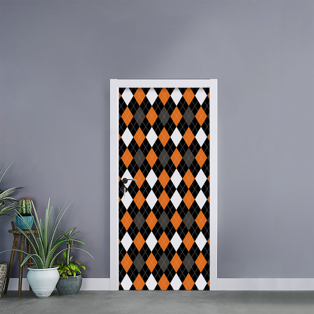 Orange Black Grey And White Argyle Print Door Sticker