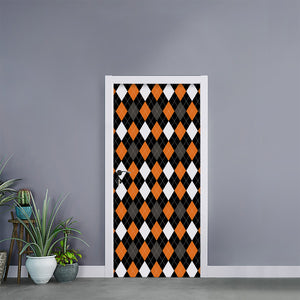 Orange Black Grey And White Argyle Print Door Sticker