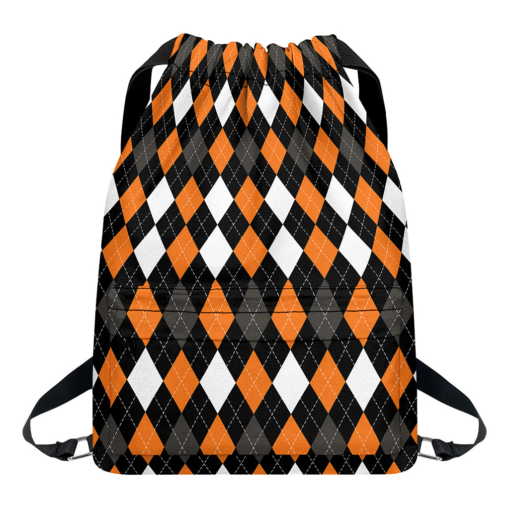 Orange Black Grey And White Argyle Print Drawstring Backpack