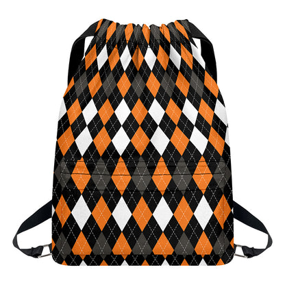 Orange Black Grey And White Argyle Print Drawstring Backpack