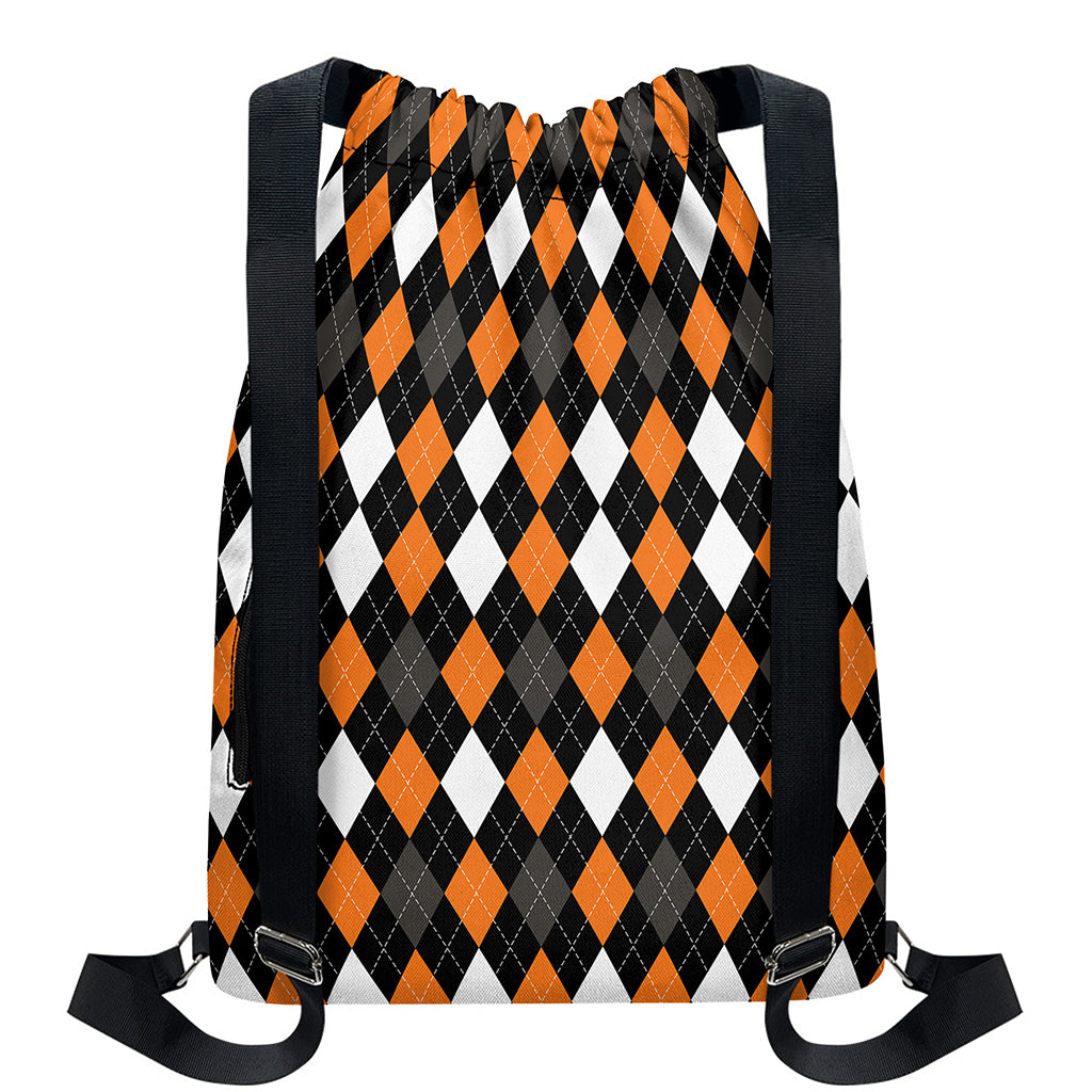 Orange Black Grey And White Argyle Print Drawstring Backpack