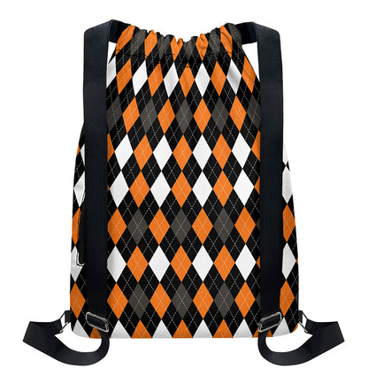 Orange Black Grey And White Argyle Print Drawstring Backpack