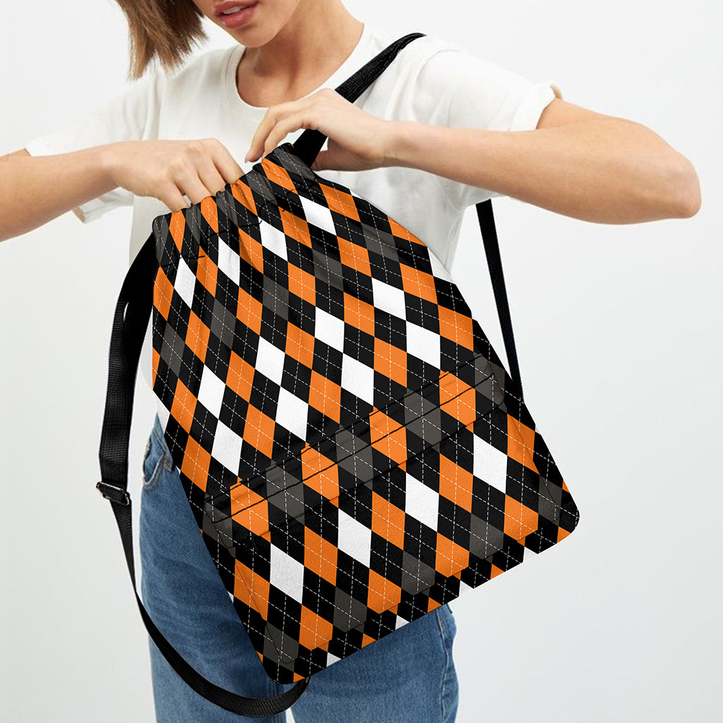 Orange Black Grey And White Argyle Print Drawstring Backpack