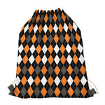 Orange Black Grey And White Argyle Print Drawstring Bag