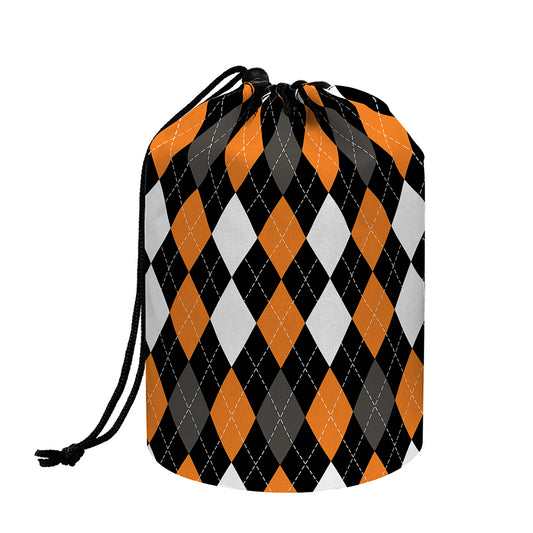 Orange Black Grey And White Argyle Print Drawstring Makeup Bag