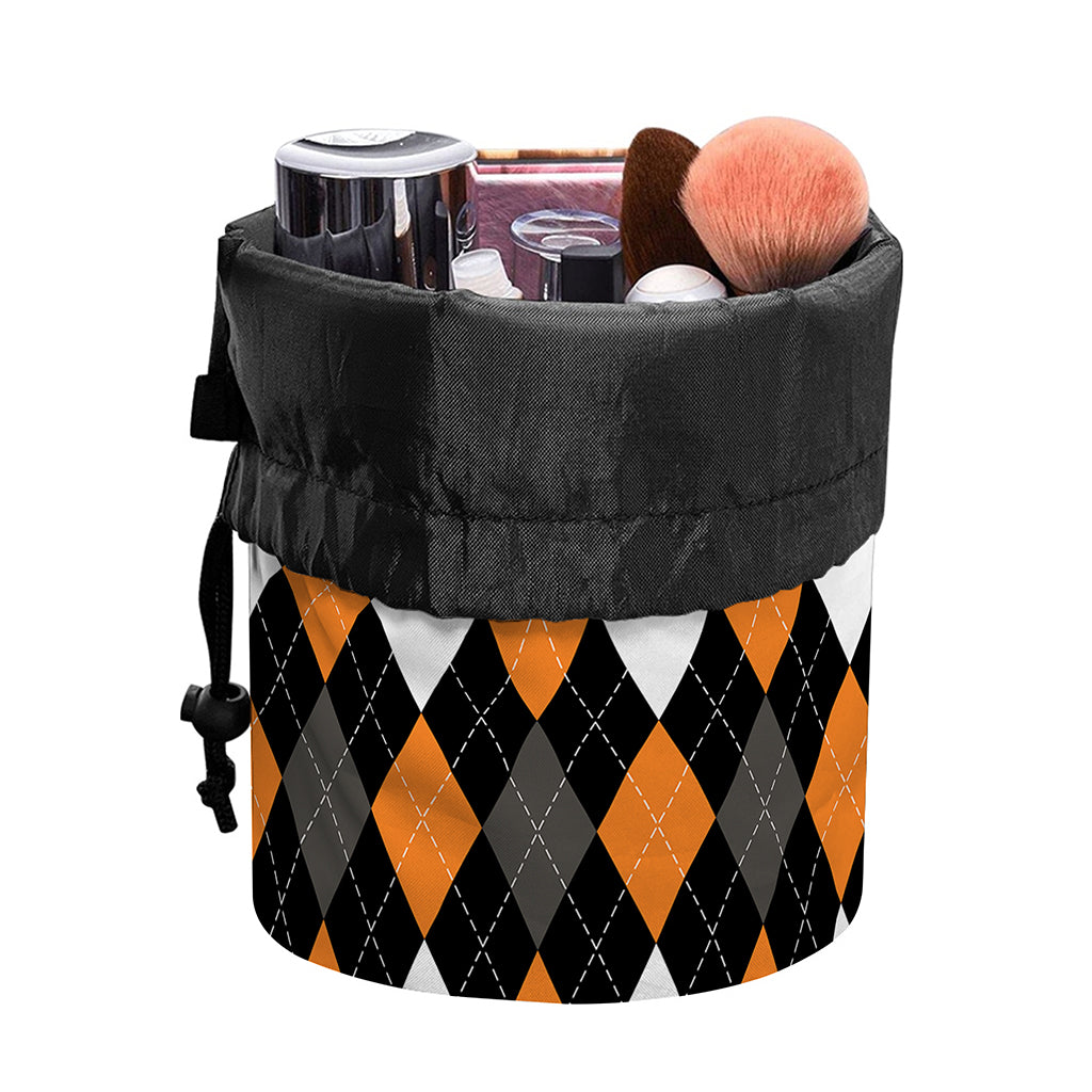 Orange Black Grey And White Argyle Print Drawstring Makeup Bag
