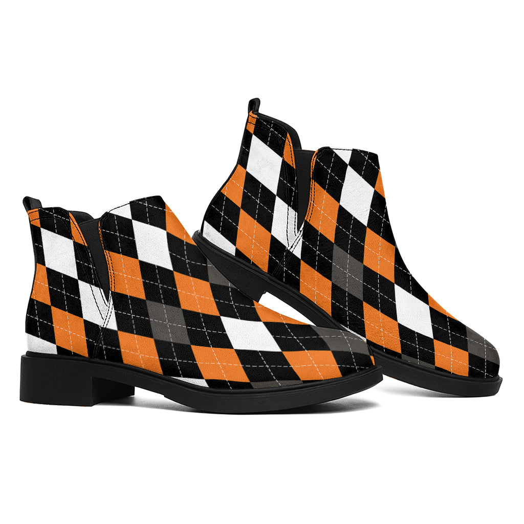 Orange Black Grey And White Argyle Print Flat Ankle Boots