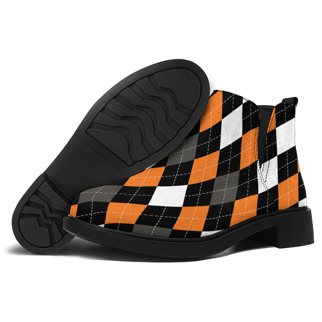 Orange Black Grey And White Argyle Print Flat Ankle Boots