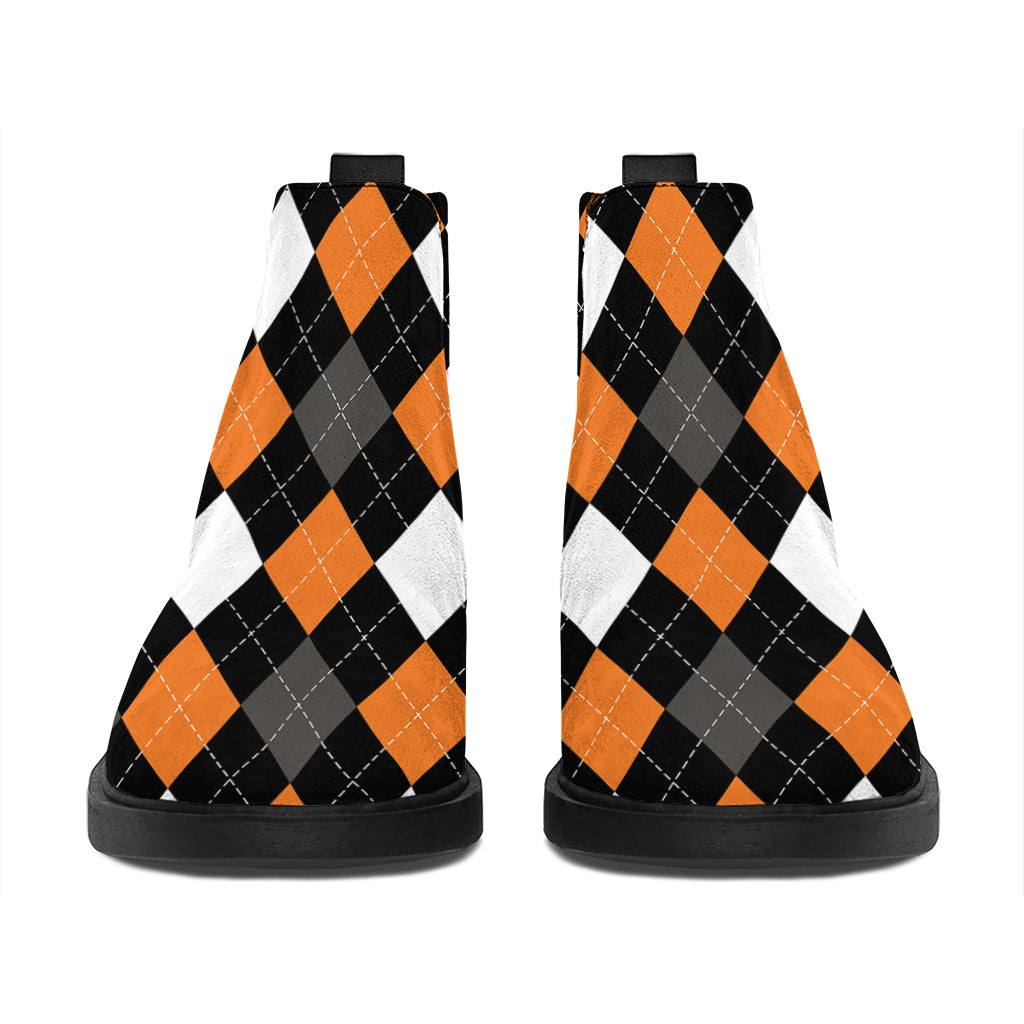 Orange Black Grey And White Argyle Print Flat Ankle Boots