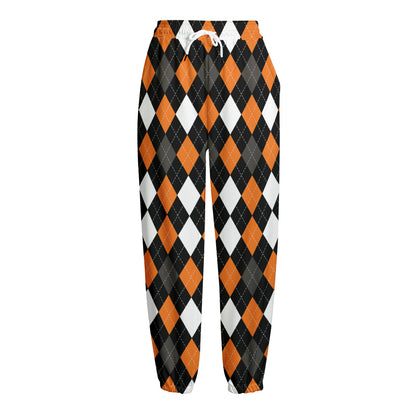 Orange Black Grey And White Argyle Print Fleece Lined Knit Pants