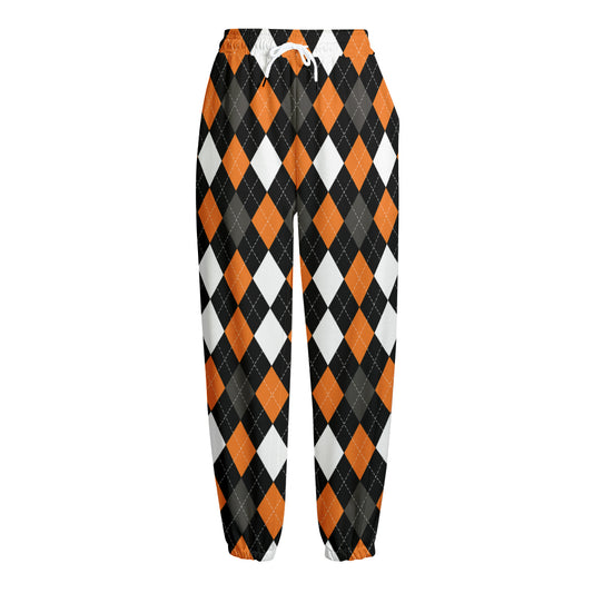 Orange Black Grey And White Argyle Print Fleece Lined Knit Pants