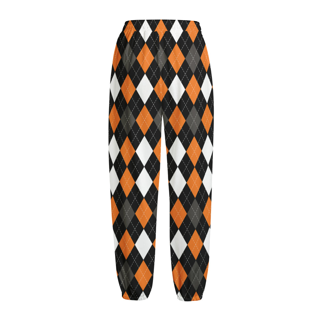 Orange Black Grey And White Argyle Print Fleece Lined Knit Pants