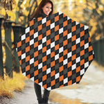 Orange Black Grey And White Argyle Print Foldable Umbrella