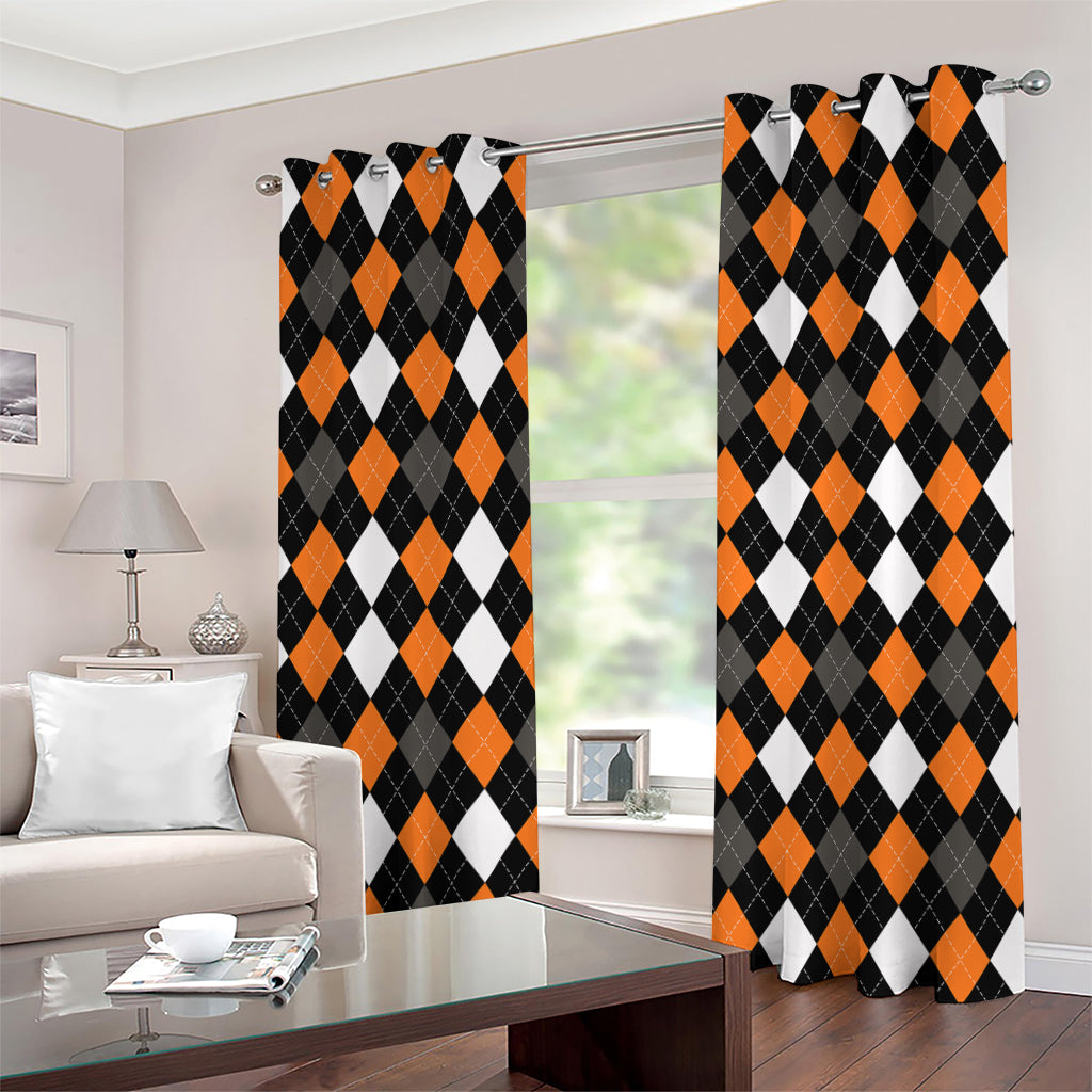 Orange Black Grey And White Argyle Print Grommet Curtains