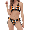 Orange Black Grey And White Argyle Print Halter Scoop Tie Side Bikini
