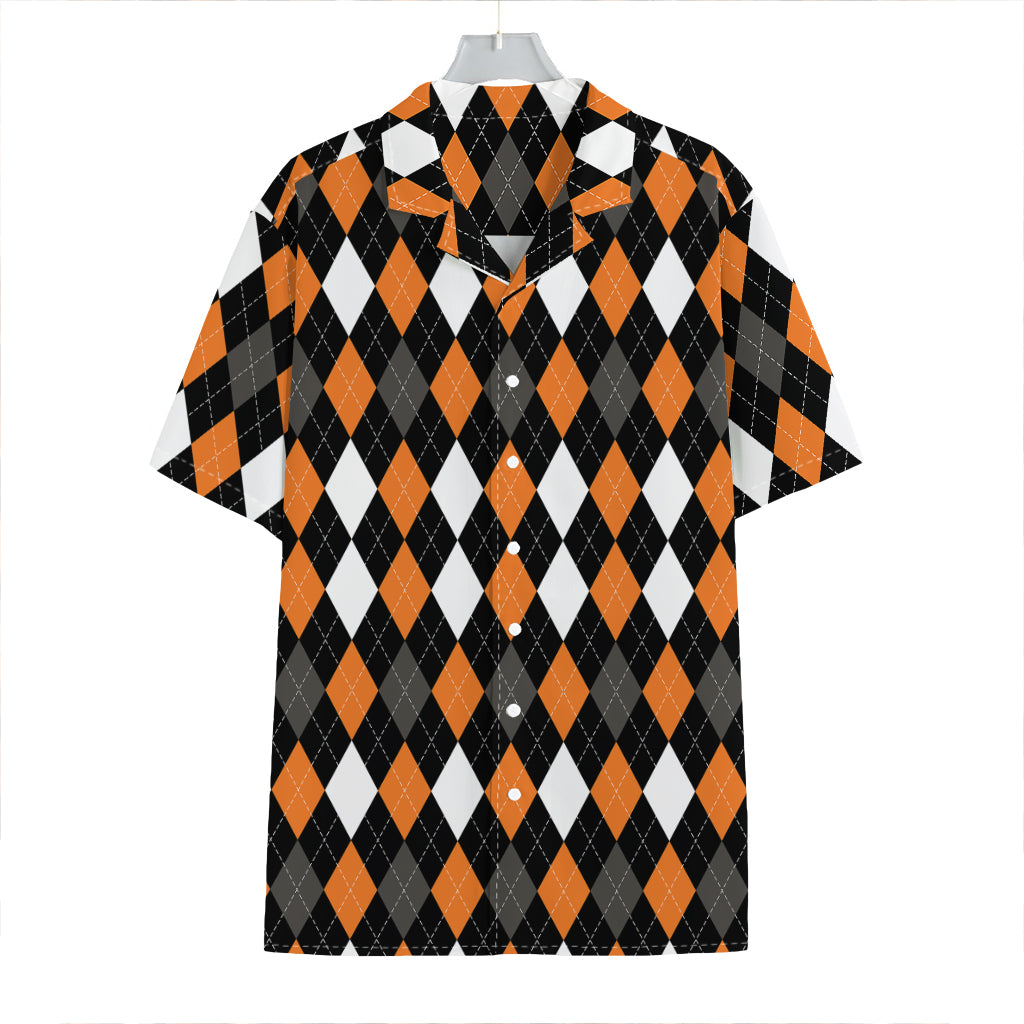Orange Black Grey And White Argyle Print Hawaiian Shirt