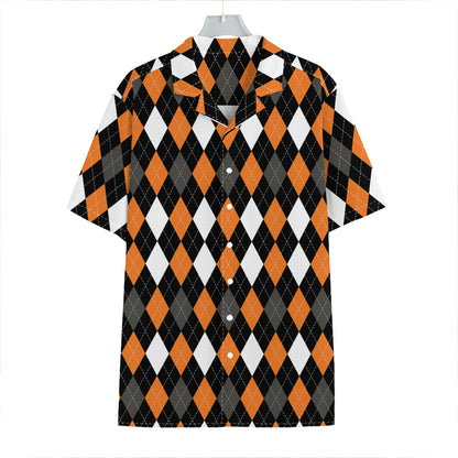 Orange Black Grey And White Argyle Print Hawaiian Shirt