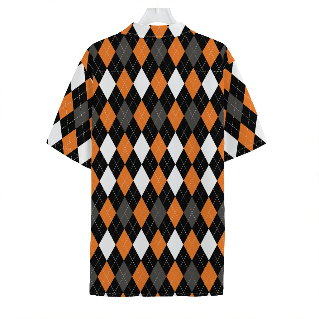 Orange Black Grey And White Argyle Print Hawaiian Shirt