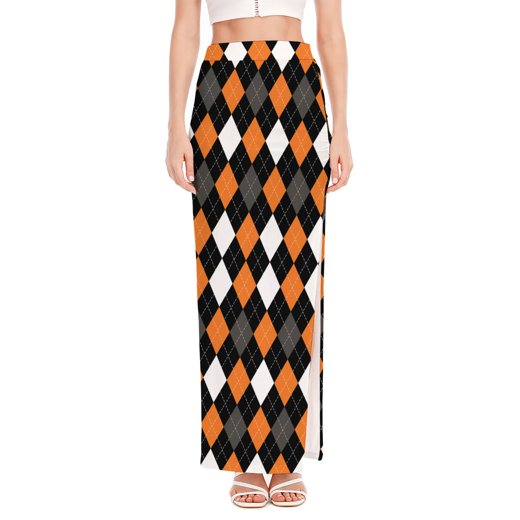 Orange Black Grey And White Argyle Print High Slit Maxi Skirt