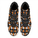 Orange Black Grey And White Argyle Print High Top Leather Sneakers