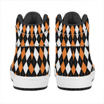 Orange Black Grey And White Argyle Print High Top Leather Sneakers