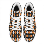 Orange Black Grey And White Argyle Print High Top Leather Sneakers