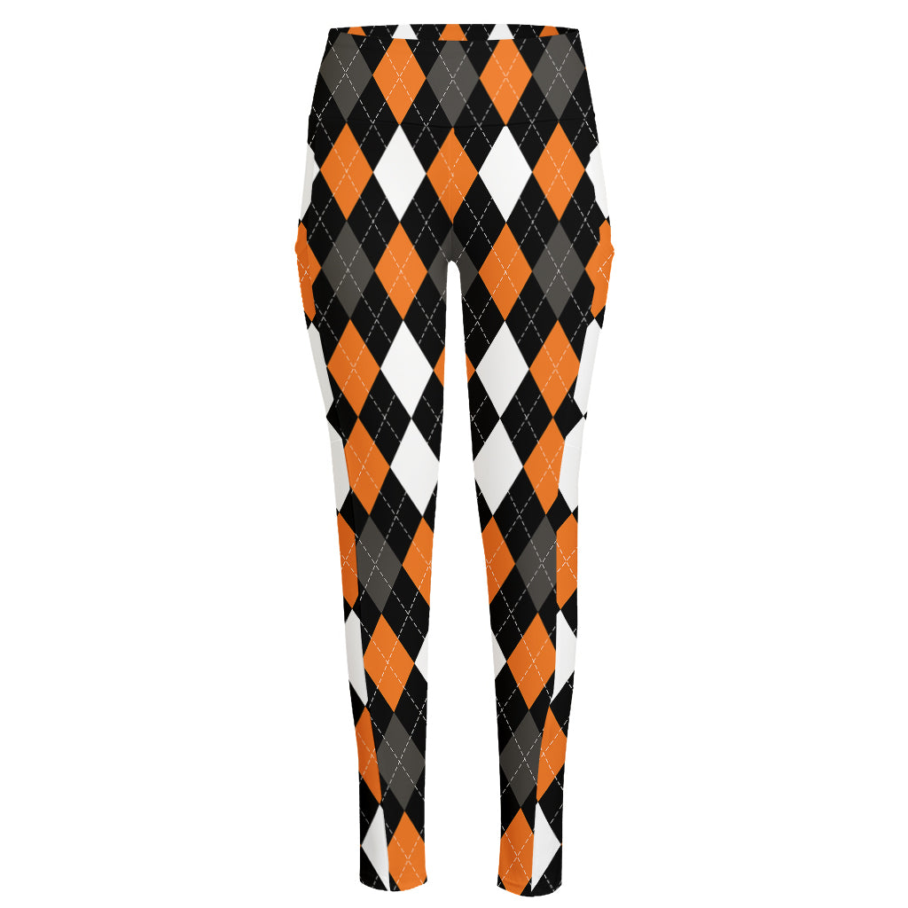 Orange Black Grey And White Argyle Print High-Waisted Pocket Leggings