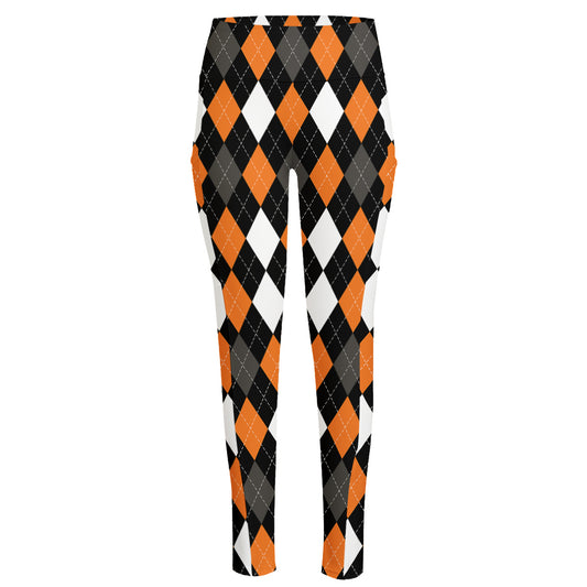 Orange Black Grey And White Argyle Print High-Waisted Pocket Leggings