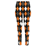 Orange Black Grey And White Argyle Print High-Waisted Pocket Leggings