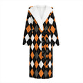Orange Black Grey And White Argyle Print Hooded Bathrobe