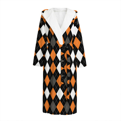 Orange Black Grey And White Argyle Print Hooded Bathrobe