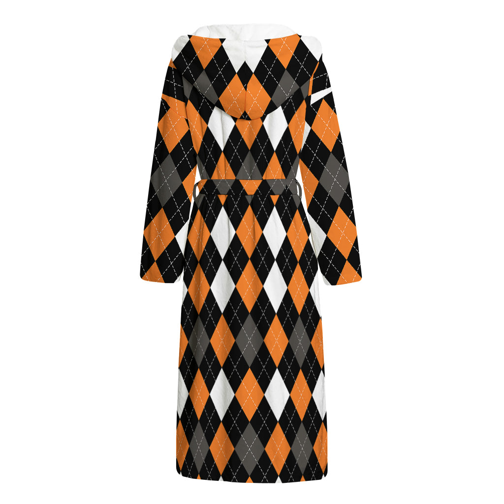 Orange Black Grey And White Argyle Print Hooded Bathrobe