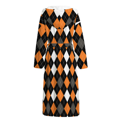 Orange Black Grey And White Argyle Print Hooded Bathrobe
