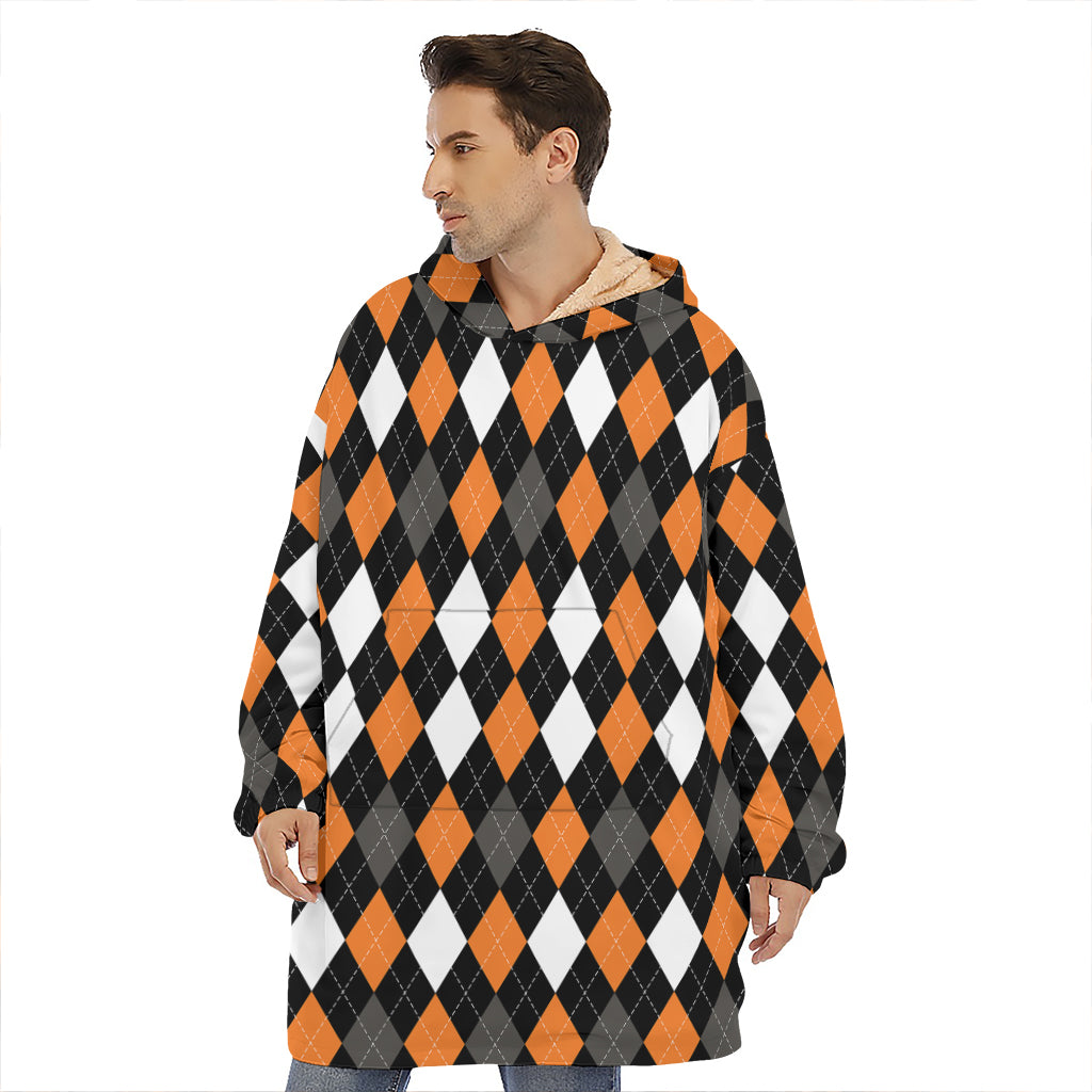 Orange Black Grey And White Argyle Print Hoodie Blanket