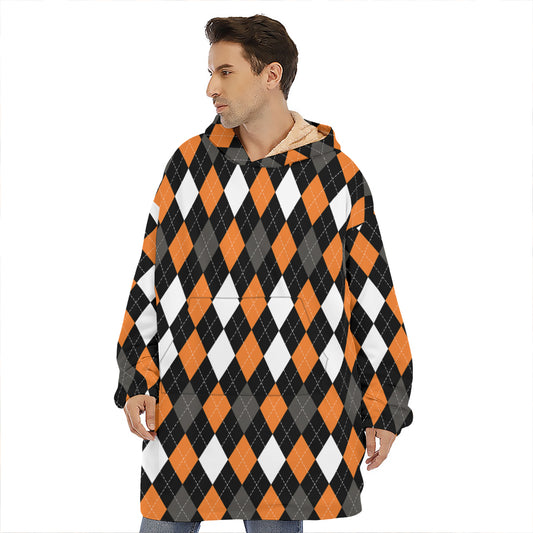 Orange Black Grey And White Argyle Print Hoodie Blanket
