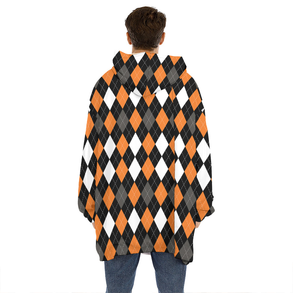 Orange Black Grey And White Argyle Print Hoodie Blanket
