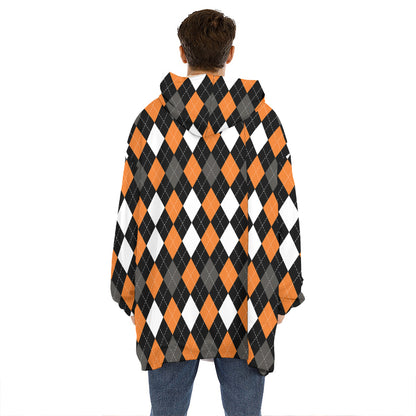 Orange Black Grey And White Argyle Print Hoodie Blanket