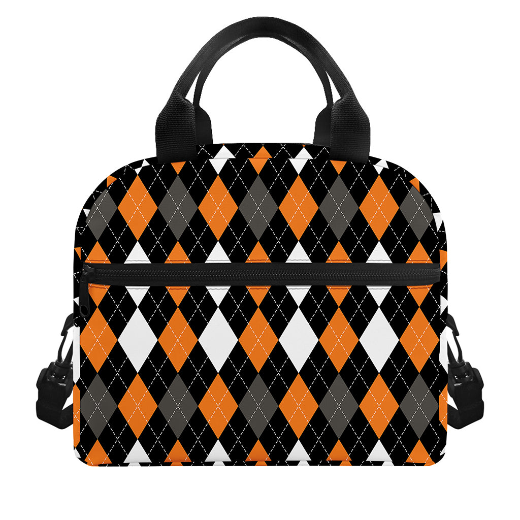 Orange Black Grey And White Argyle Print Insulated Lunch Bag