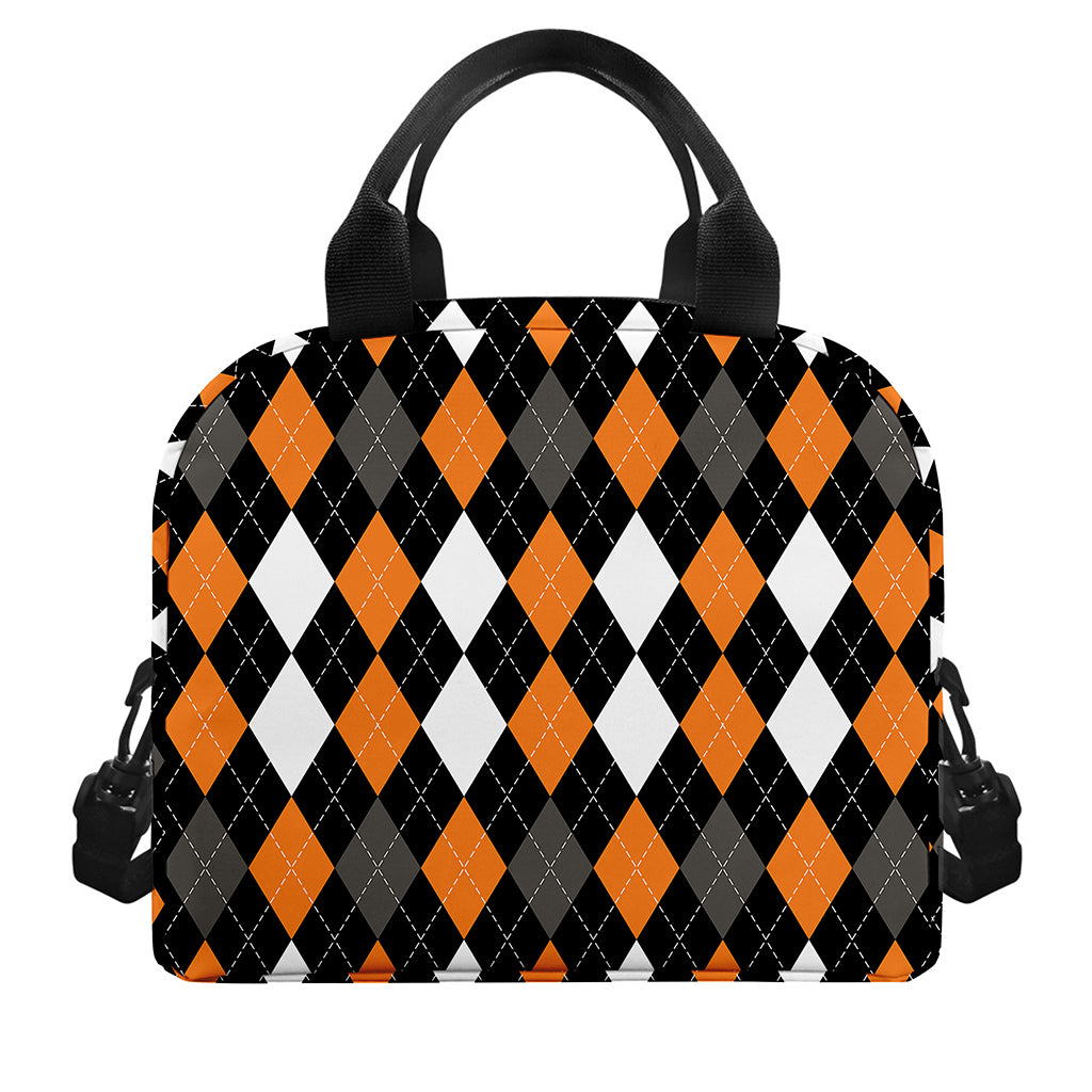 Orange Black Grey And White Argyle Print Insulated Lunch Bag