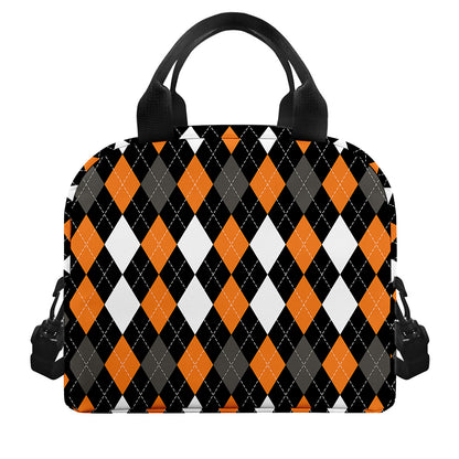 Orange Black Grey And White Argyle Print Insulated Lunch Bag