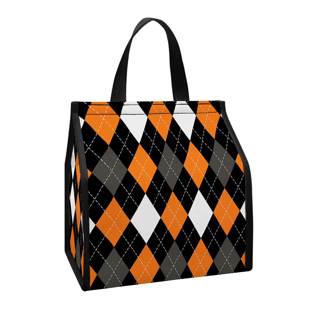 Orange Black Grey And White Argyle Print Insulated Lunch Tote