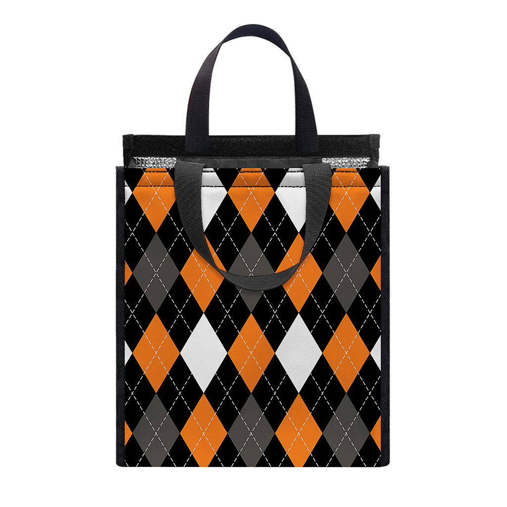 Orange Black Grey And White Argyle Print Insulated Lunch Tote