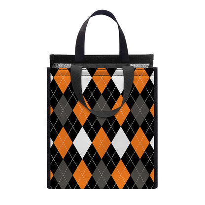 Orange Black Grey And White Argyle Print Insulated Lunch Tote