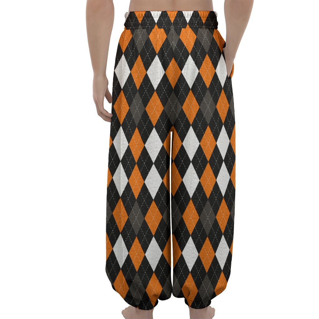 Orange Black Grey And White Argyle Print Lantern Pants