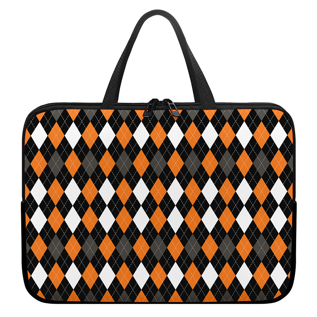 Orange Black Grey And White Argyle Print Laptop Sleeve With Handle