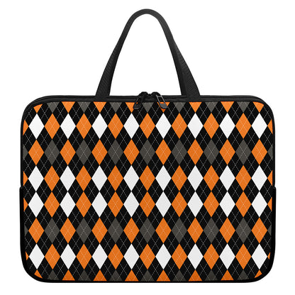 Orange Black Grey And White Argyle Print Laptop Sleeve With Handle
