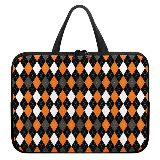 Orange Black Grey And White Argyle Print Laptop Sleeve With Handle