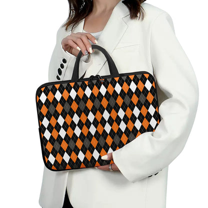 Orange Black Grey And White Argyle Print Laptop Sleeve With Handle