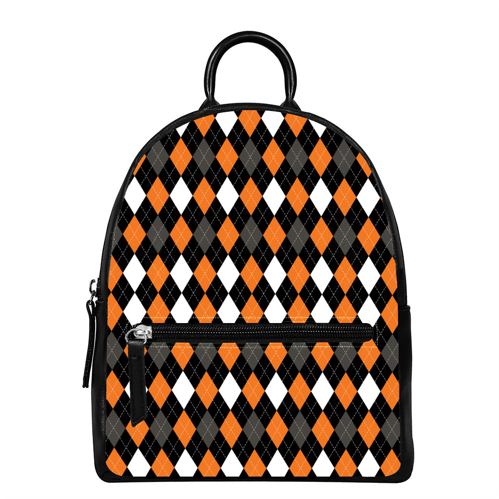 Orange Black Grey And White Argyle Print Leather Backpack